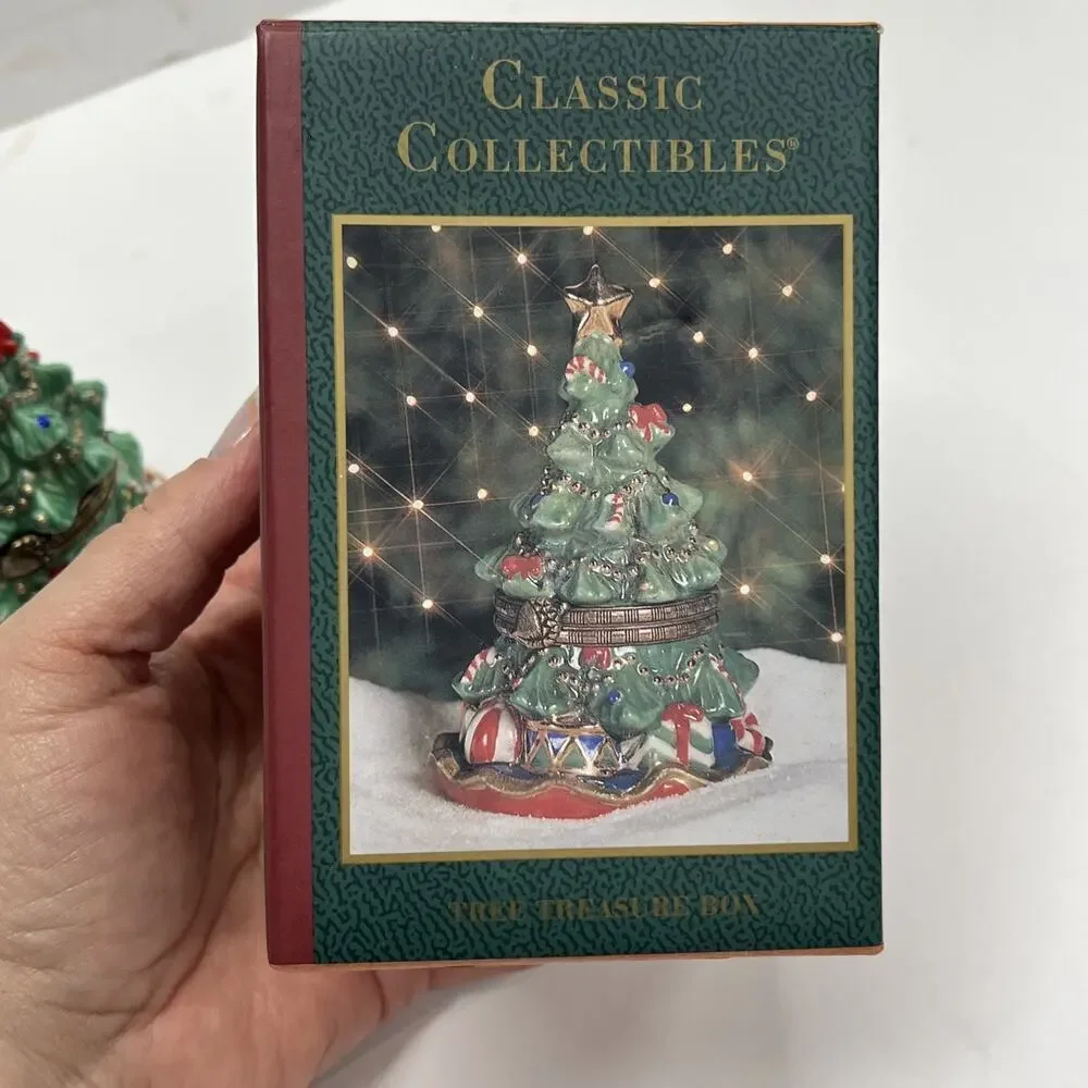 Christmas Tree Hinged Trinket Box Ceramic w/ Metal Closure Star Gifts